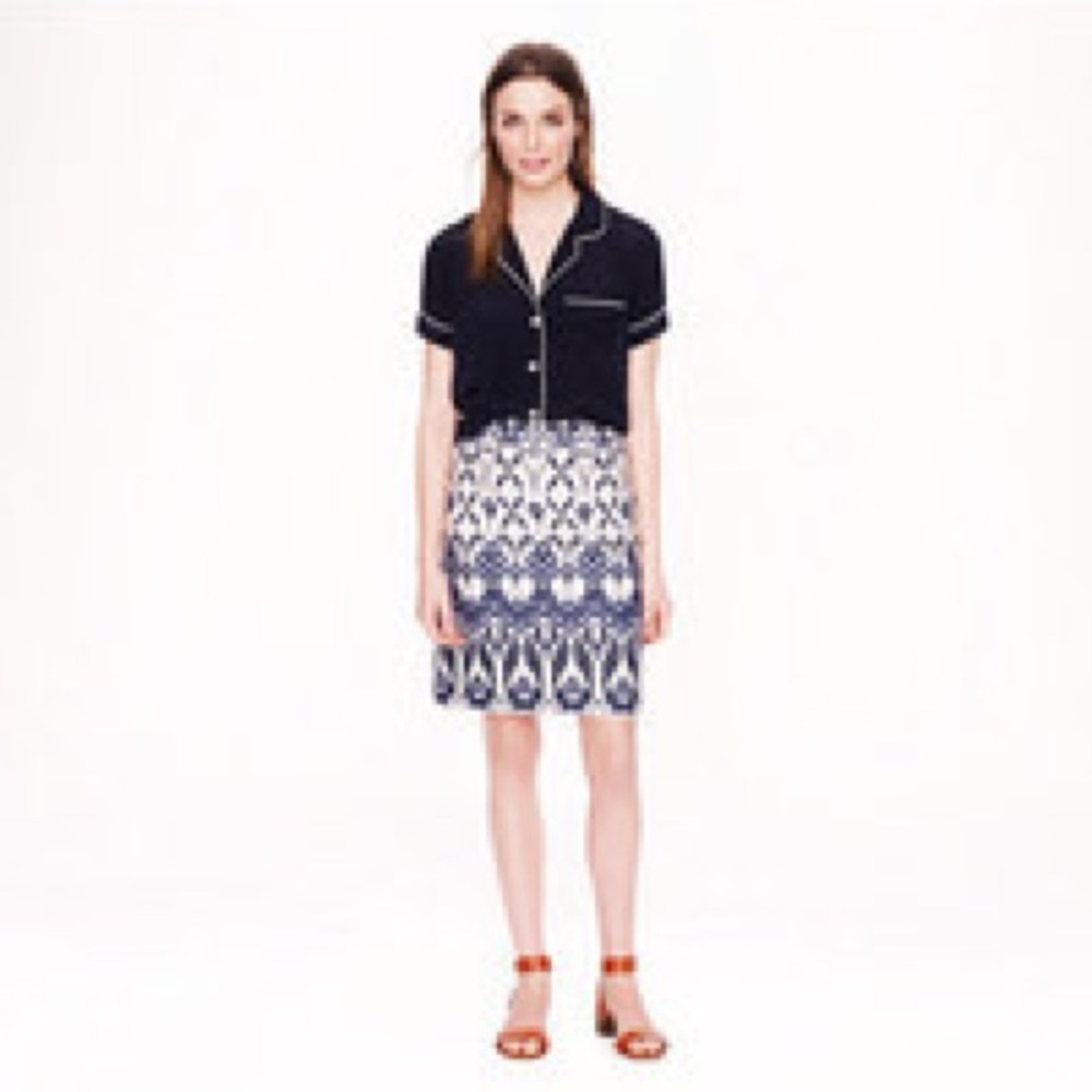 J. Crew trellis mini A line skirt in white and blue, size 4